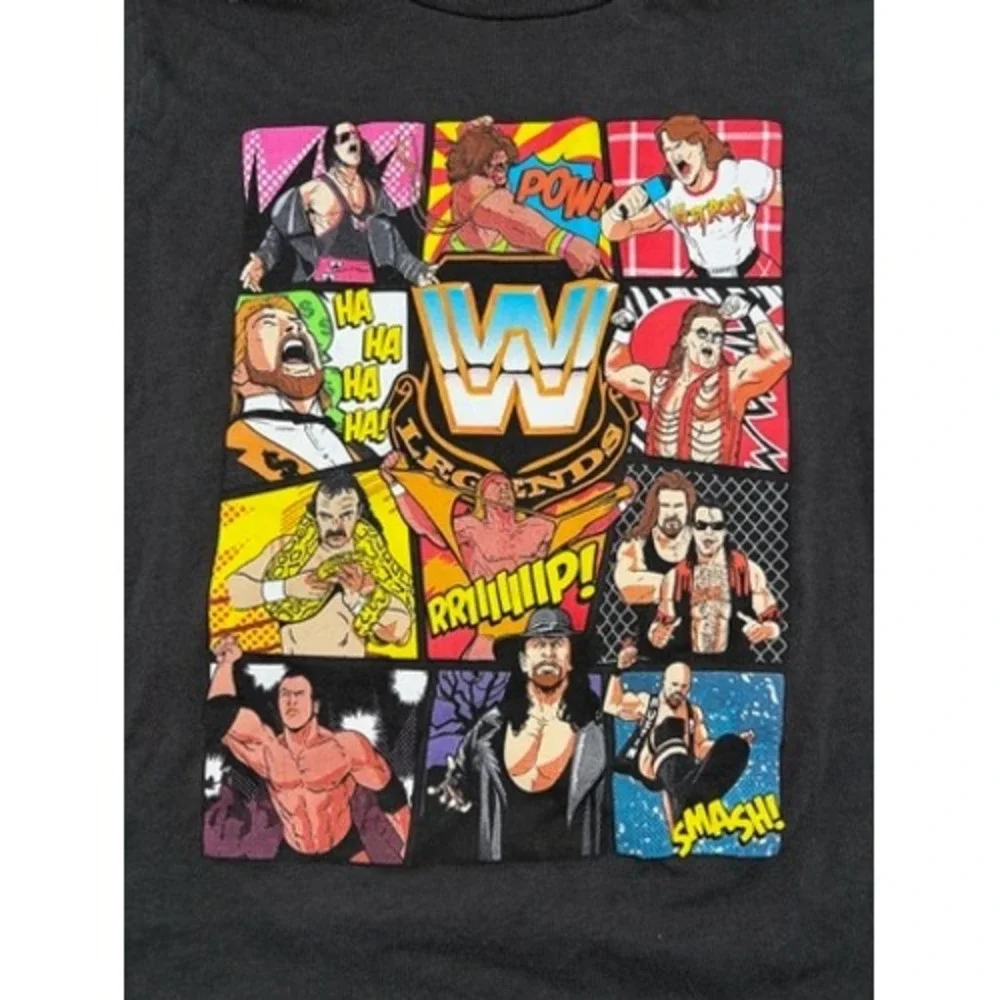 WWE Legends Graphic T-Shirt Kids XS 6/7 Black Wrestling Superstars Comic Grid